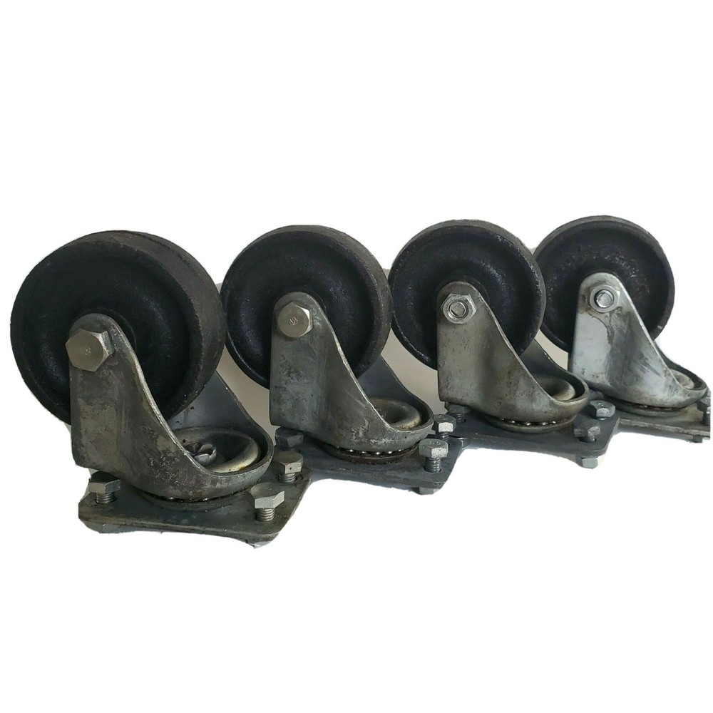 Industrial Factory Cast Iron Swivel Castors w/ Bolts, Vtg Heavy Duty 3.5" Wheels